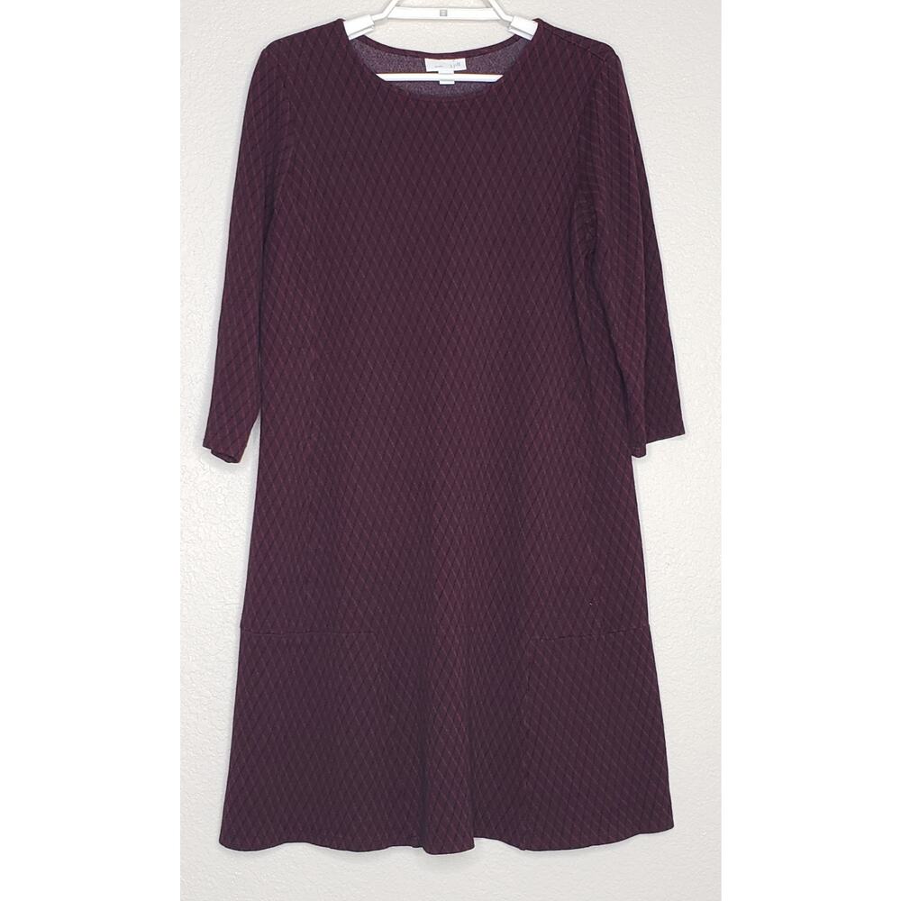 J.Jill Ponte Shift Dress Sz Petite Medium Maroon Argyle Print 3/4 Sleeve Stretch
